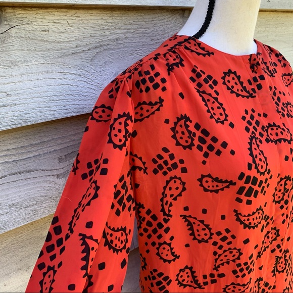 Vintage 80s Orange Block Paisley Print Long Puff Sleeve Button Down Popover Top - Picture 11 of 16